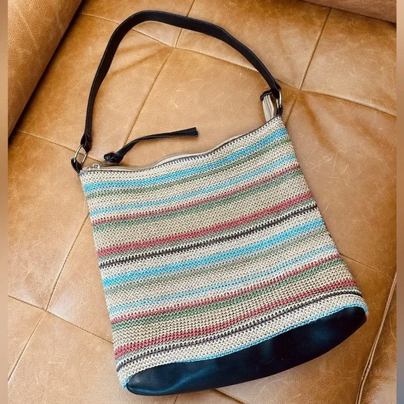 Wicker bag shoulder - multicoloured stripes - lined - Picture 2 of 6